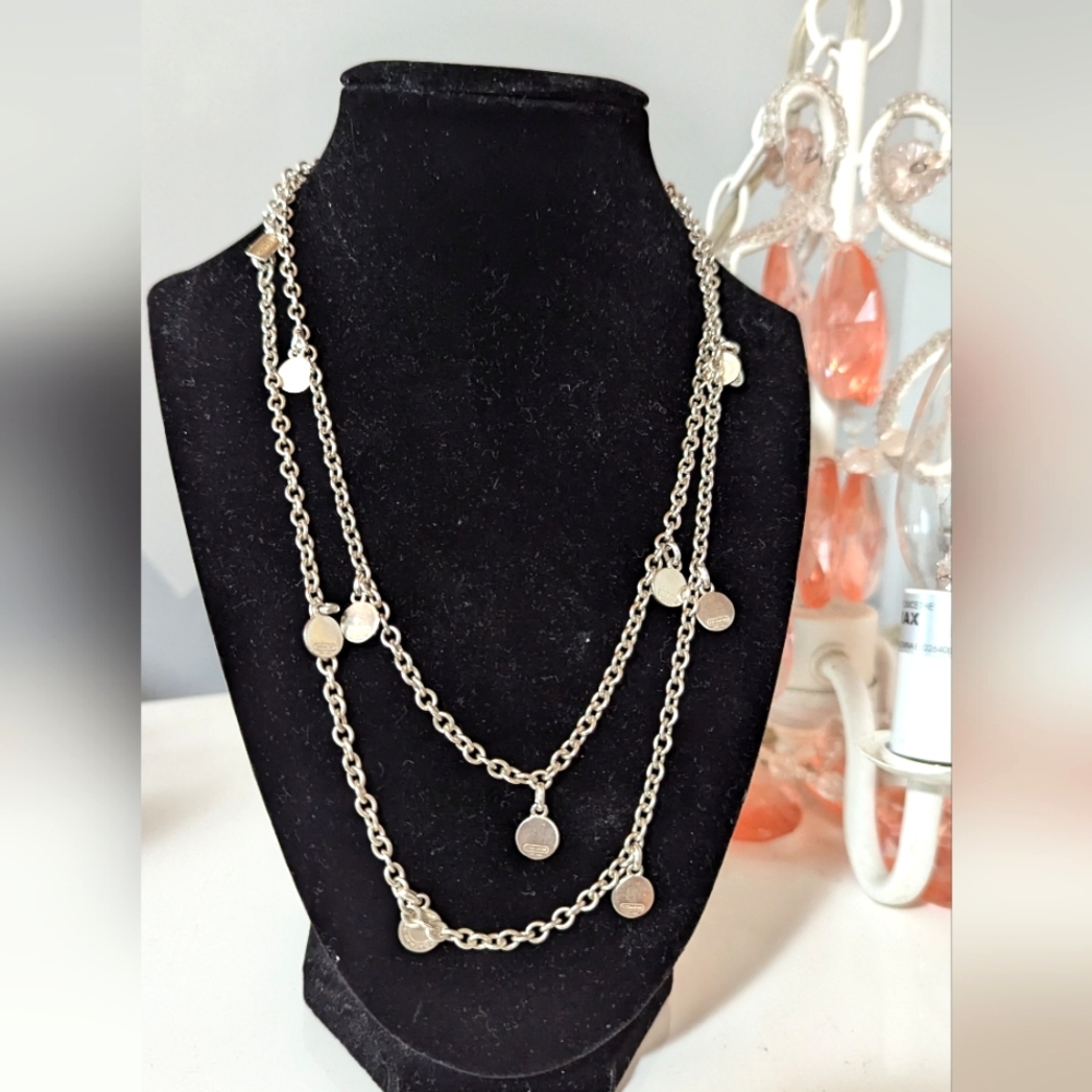 COACH Sterling Silver Coin Long dangle charms necklace